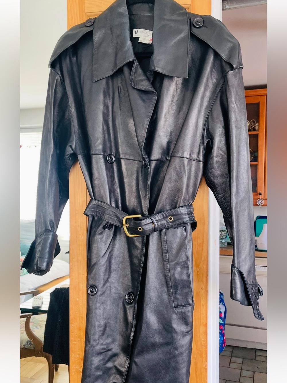 Charles Jourdan Black Leather Trench Coat with Belt… vintage 1990